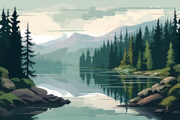 a lake in the middle of a coniferous forest near the mountains. cloudy sky purity in nature. forest landscape, generative ai,