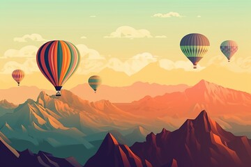 many hot air balloons in the sky over the mountains at sunrise, generative ai,