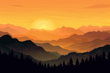 silhouette of mountains at sunrise in orange shades., generative ai,