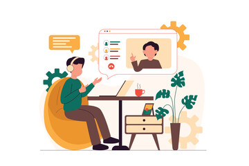 Businessman Doing Business Presentation. Business Teamwork Online Meeting Vector Illustration