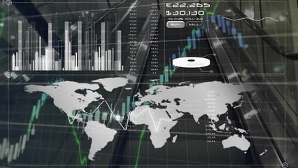 Animation of statistical, financial and stock market data processing against escalator - Powered by Adobe