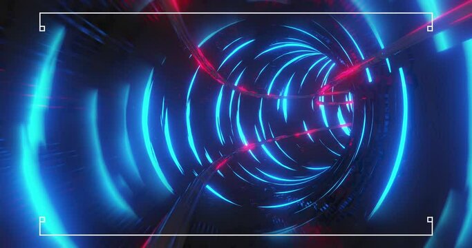 Animation of banner with copy space against neon blue tunnel in seamless pattern