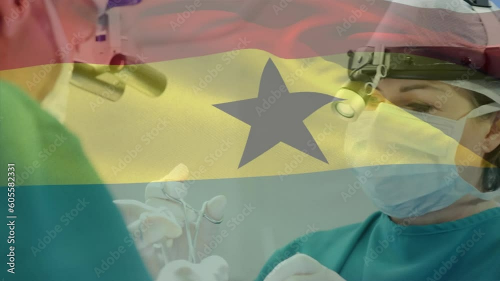 Poster Animation of waving ghana flag over caucasian female surgeon performing surgery at hospital