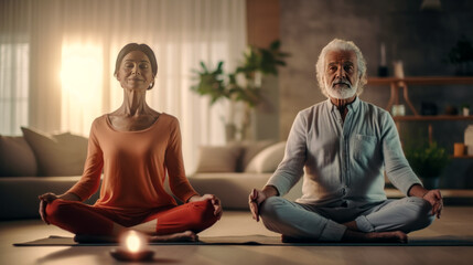 Mature Couple Practice Yoga the Concept of Healthy Lifestyle in Advanced Age Generative AI Digital Art Illustration Background Journal