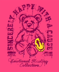 Melancholy Urban Teddy Bear Art in Graffiti Style, Enhanced by a Masked Emoji of Happiness