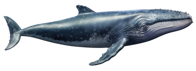 Big marine blue whale swimming in the ocean isolated on a white background as transparent PNG, generative AI animal