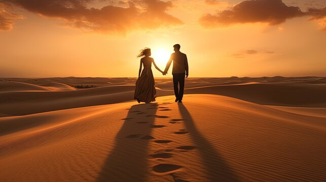 Desert sand dunes at sunset with walking honeymoon couple walking towards uncertain future