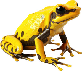 Exotic yellow poison dart frog from the tropical jungle isolated on a white background as transparent PNG, generative AI animal