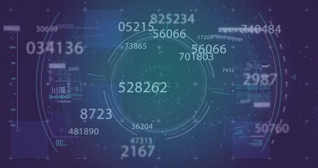 Animation of glitch effect and scope scanning over multiple changing numbers against blue background - Powered by Adobe