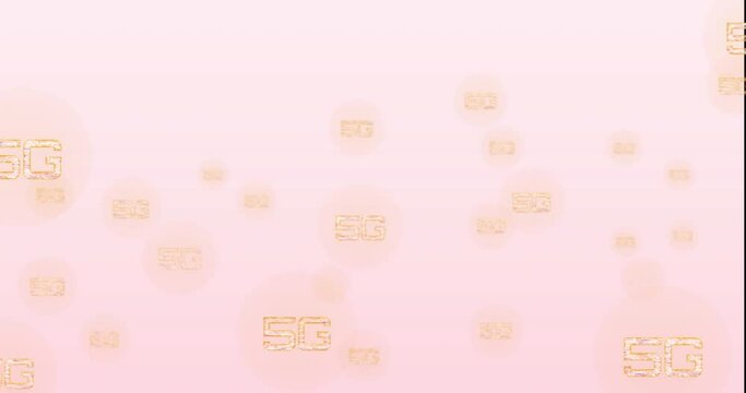 Animation of multiple 5g text banners floating against pink gradient background