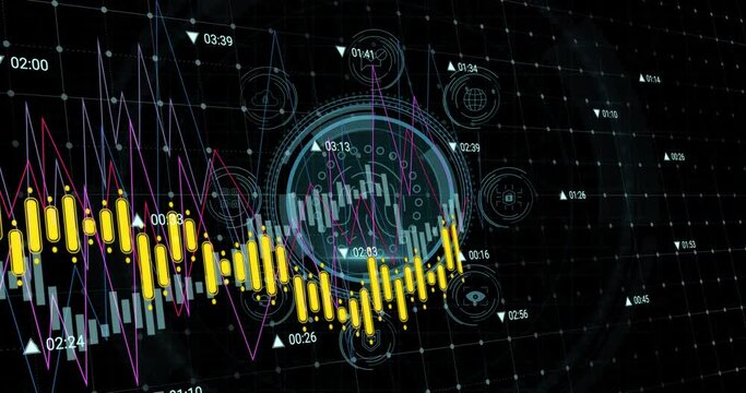 Animation of data processing and data protection text banner and biometric fingerprint scanner