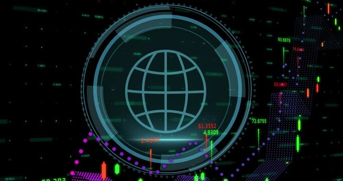 Animation of financial data processing over cyber security text banner and security sheild icon
