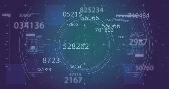 Animation of glitch effect and scope scanning over multiple changing numbers against blue background - Powered by Adobe