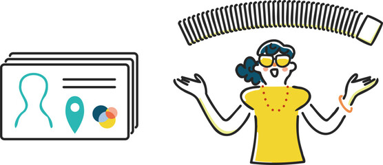 大量の名刺をさばいている秘書　イラスト素材
