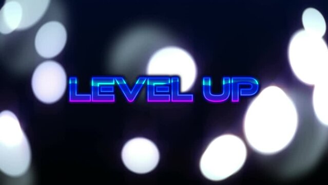 Animation of level up neon text over spot lights