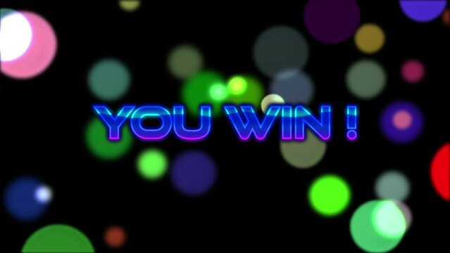Animation of you win neon text over spot lights