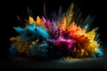 Obraz na płótnie Canvas Vibrant powder explosion on black backdrop with colors yellow, green, blue, violet, red, and white. Generative AI