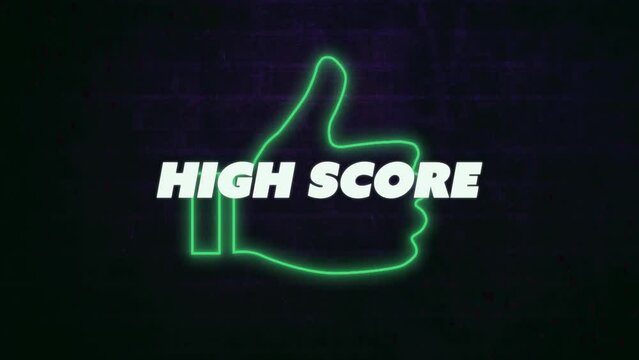 Animation of high score text banner over neon green like icon against brick wall background