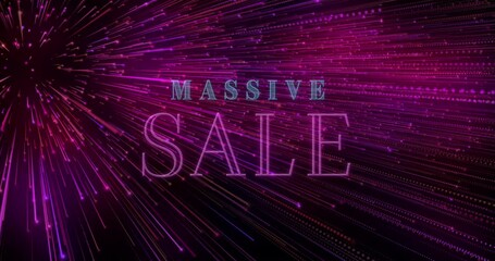Animation of massive sale text banner over light trails in seamless pattern on purple background - Powered by Adobe