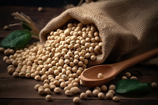 Soybeans on a wooden background in a wooden spoon and sackcloth
