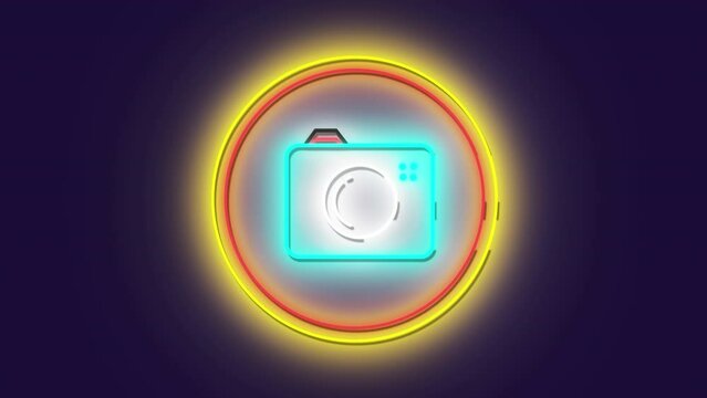 Animation of neon photo icon over round banner against blue background