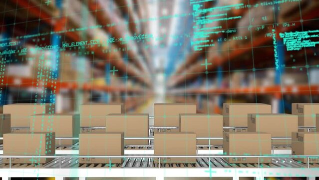 Animation of data processing over delivery boxes on conveyer belt against warehouse