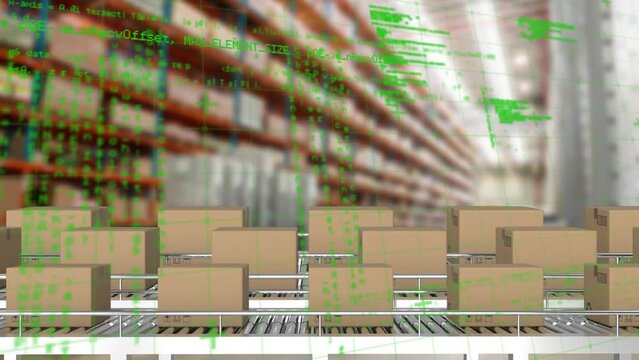Animation of data processing over delivery boxes on conveyer belt against warehouse