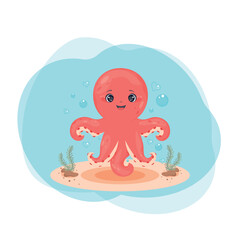 Obraz premium Isolated red happy octopus, underwater world, cartoon. Octopus, vector illustration