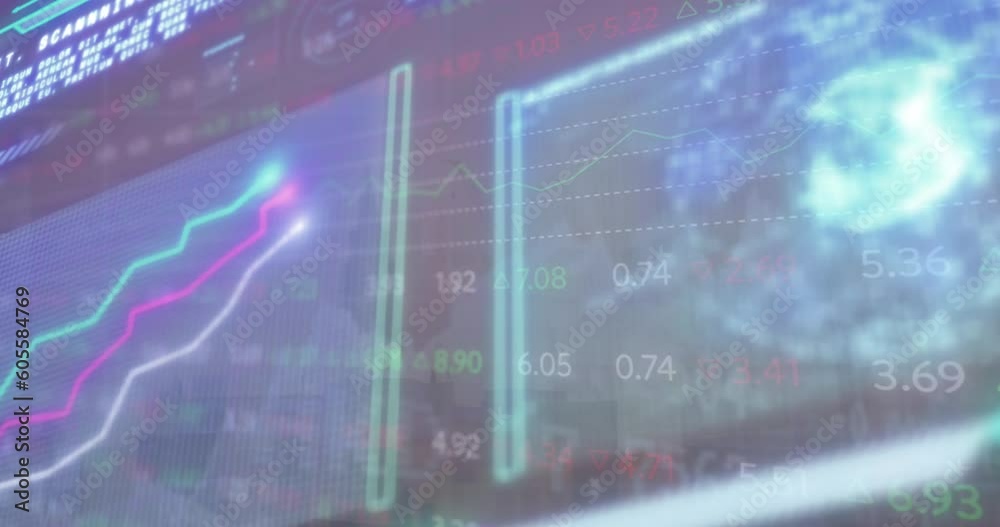 Poster animation of graphs and trading board over globes and computer language against abstract background