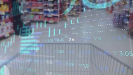 Animation of statistical and stock market data processing against shopping cart at a supermarket - Powered by Adobe