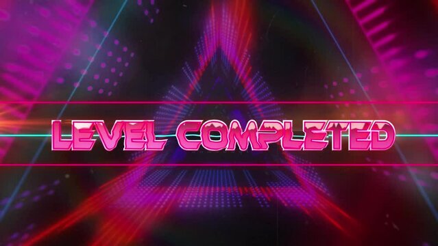 Animation of level completed text over glowing neon tunnel - Powered by Adobe