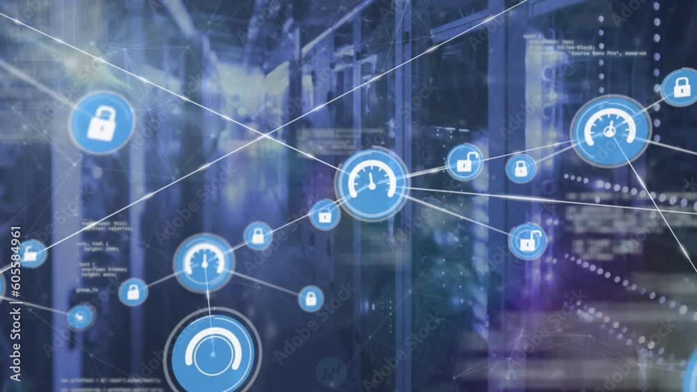 Poster animation of data processing and network of connections over computer servers