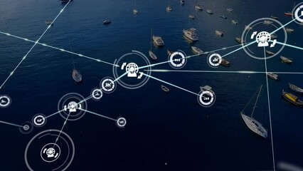 Animation of connected icons over aerial view of boats in ocean - Powered by Adobe