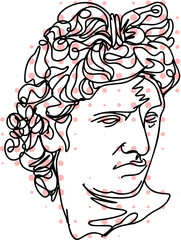 Sculpture of the mythological hero of the god of Ancient Greece. Black and white illustration of a classic Apollo bust and head. Unique artwork, line art,antique beauty
