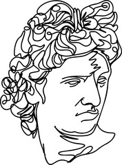 Sculpture of the mythological hero of the god of Ancient Greece. Black and white illustration of a classic Apollo bust and head. Unique artwork, line art,antique beauty