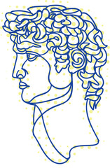 Sculpture of the mythological hero of the god of Ancient Greece. Black and white illustration of a classic Apollo bust and head. Unique artwork, line art,antique beauty