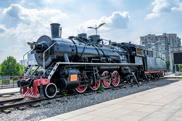 Fototapeta na wymiar Steam locomotive at Locomotive Square in Zhuzhou, China