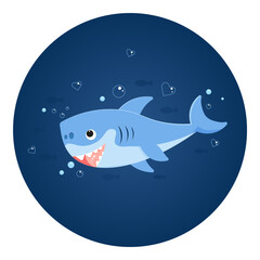 Cute shark Vector illustration of sea animals on a blue background with bubbles and hearts.