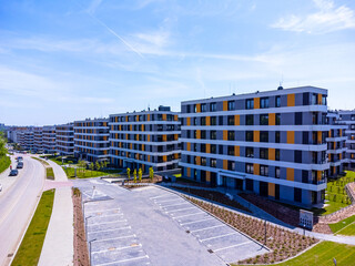 Aerial view landscape Poland Cracow. View of modern estate and blocks of apartments, new apartments. 