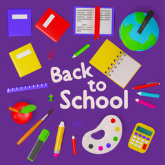 Top view square banner with school supplies and stationery. Letter back to school. Vector 3d illustration.