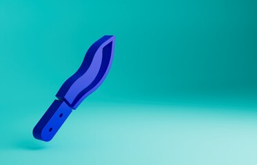 Blue Machete or big knife icon isolated on blue background. Minimalism concept. 3D render illustration