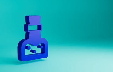 Blue Bottle with potion icon isolated on blue background. Flask with magic potion. Happy Halloween party. Minimalism concept. 3D render illustration
