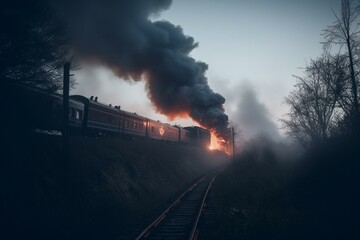 Fototapeta na wymiar Train engulfed in mystical fog. Generative AI