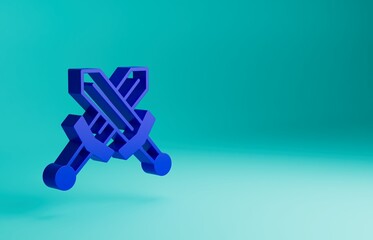 Blue Crossed medieval sword icon isolated on blue background. Medieval weapon. Minimalism concept. 3D render illustration