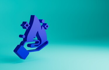 Blue Hand holding a fire icon isolated on blue background. Minimalism concept. 3D render illustration