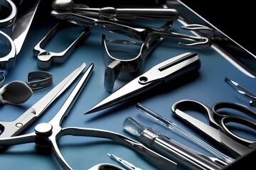 close-up of surgical tools including forceps, scalpels and retractors, created with generative ai - obrazy, fototapety, plakaty