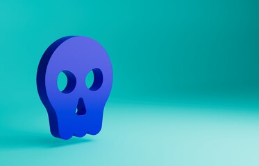 Blue Skull icon isolated on blue background. Happy Halloween party. Minimalism concept. 3D render illustration