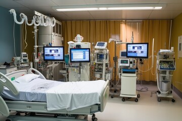 intensive care unit, with medical machines and monitoring equipment visible, created with generative ai