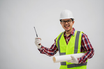 Portrait of a civil engineer showing gestures of various works with isolated white background.