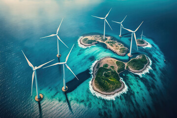 aerial view of Offshore and onshore windmill park ,Windmill farm green energy at sea, Windmill turbines by the ocean, generative AI